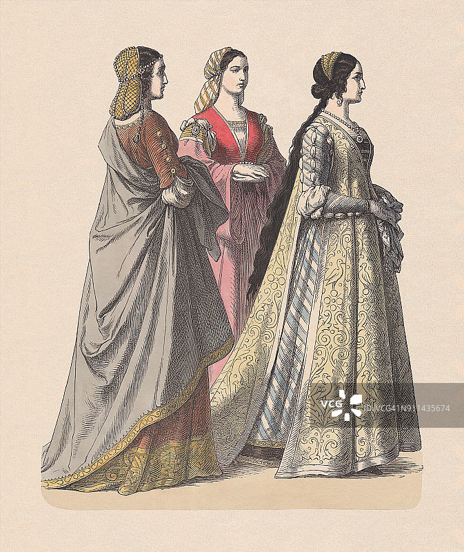 15世纪佛罗伦萨贵妇人手绘彩色木刻版画，约1880年出版图片素材