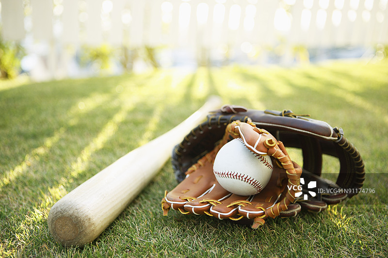 草坪上的球、球棒和手套图片素材