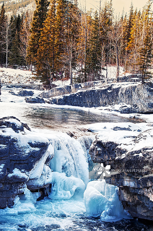 加拿大阿尔伯塔省布拉格溪附近的半冰冻肘形瀑布图片素材