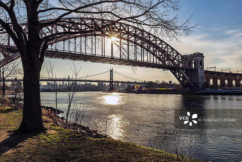 从拉尔夫·德马科公园看到的日落时分的地狱门大桥和Rfk三桥图片素材