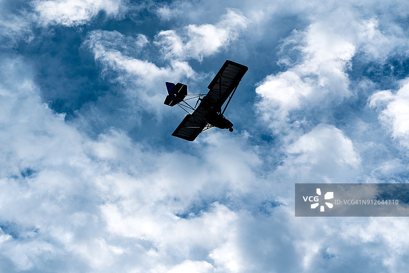 蓝天白云下的超轻型飞机图片素材