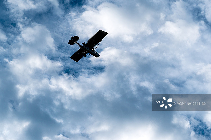 蓝天白云下的超轻型飞机图片素材