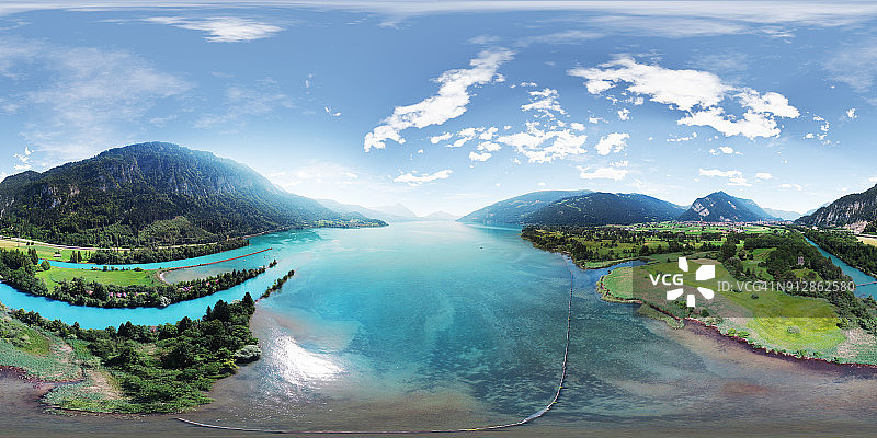 瑞士因特拉肯图恩湖360度航拍美景图片素材