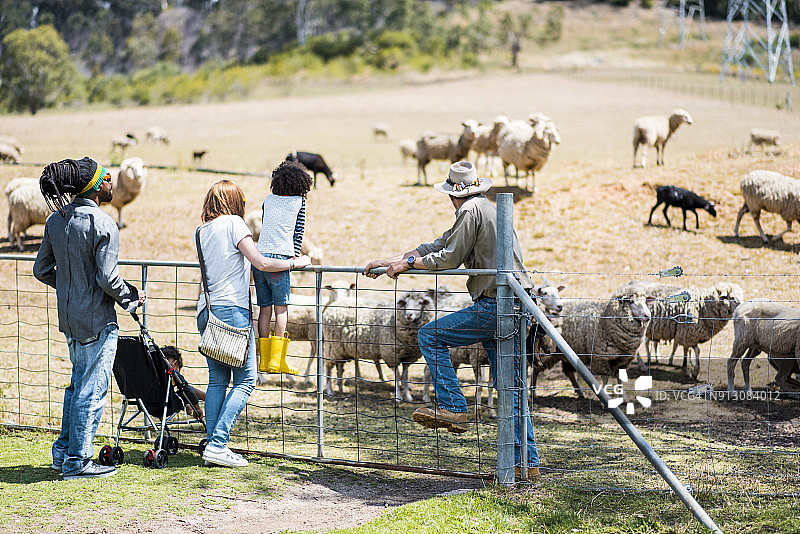 家庭和农场工人在农场里探索图片素材