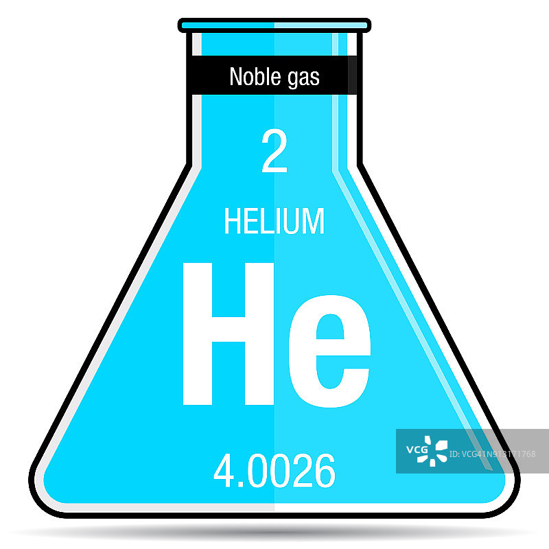 化学烧瓶上的氦符号。元素周期表中的第2号元素图片素材