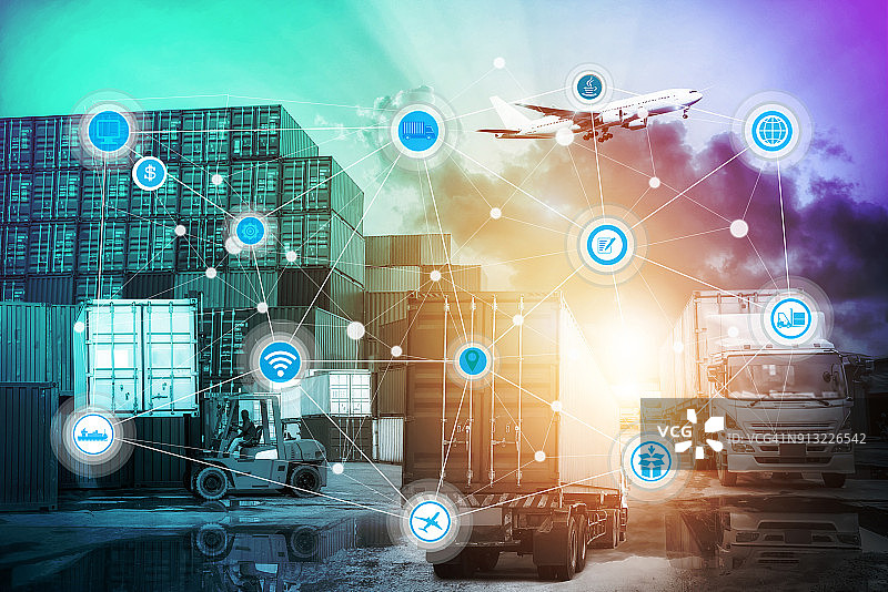 用于物流进出口背景的集装箱货船的全球商业连接技术界面业务物流概念图片素材