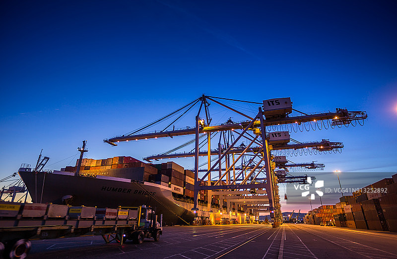 UTR驶向码头上的集装箱船和龙门起重机图片素材