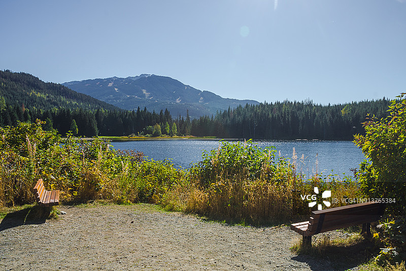 迷失湖边的空公园长椅和风景|加拿大不列颠哥伦比亚省图片素材