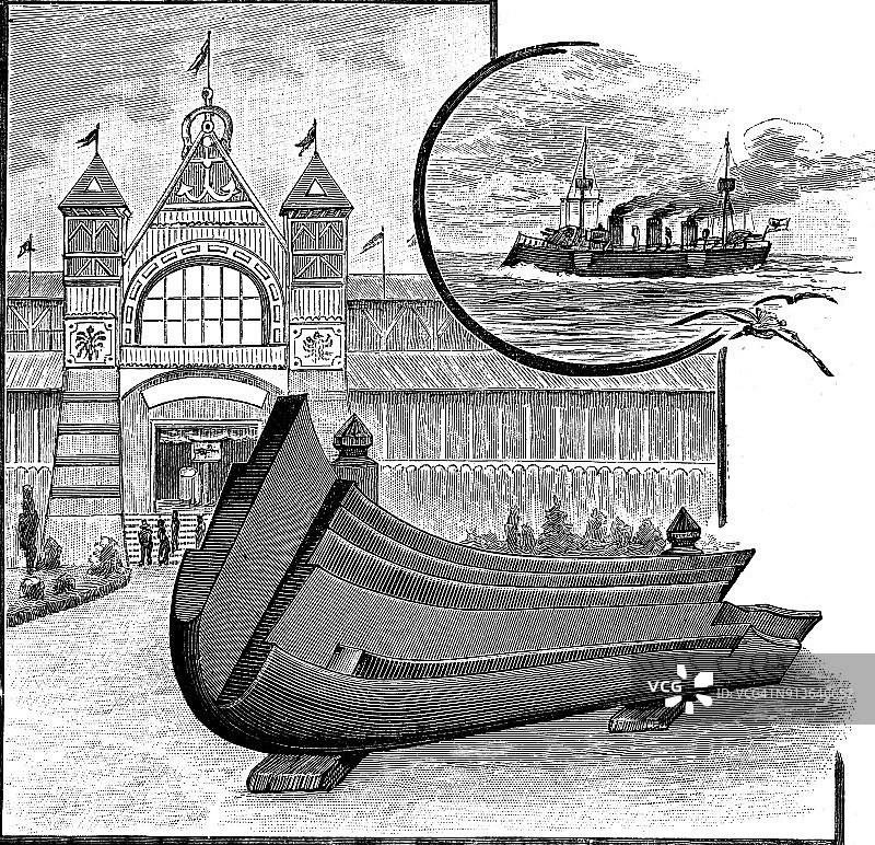 港口建筑物前的船体 - 1896年图片素材
