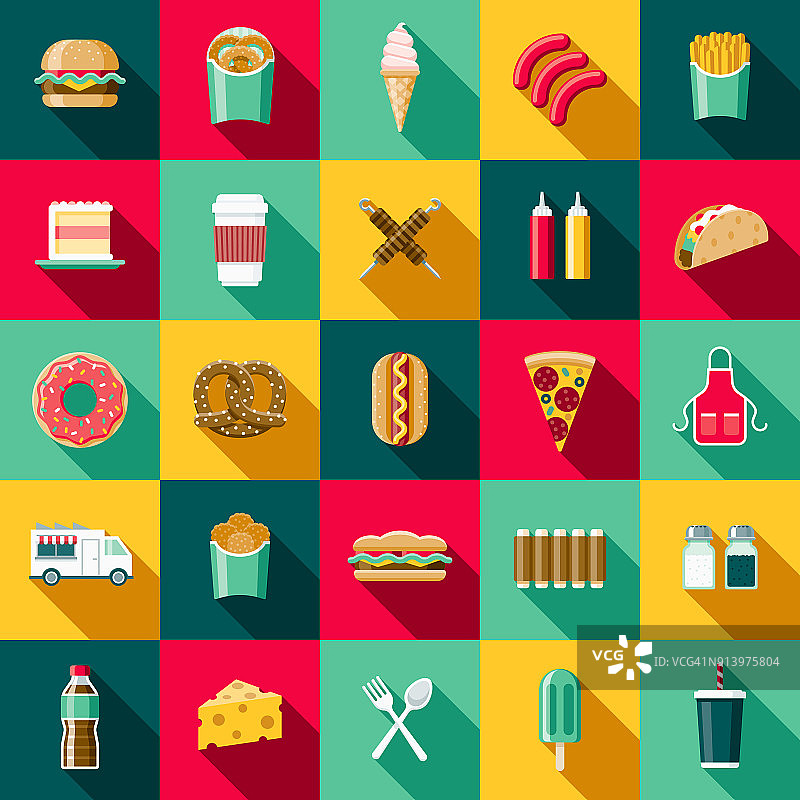扁平风格快餐图标合集，带侧影图片素材