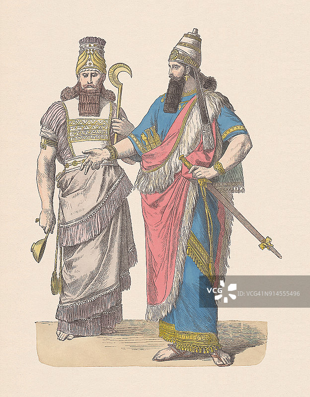 亚述高级祭司和国王，手工着色木刻版画，约1880年出版图片素材