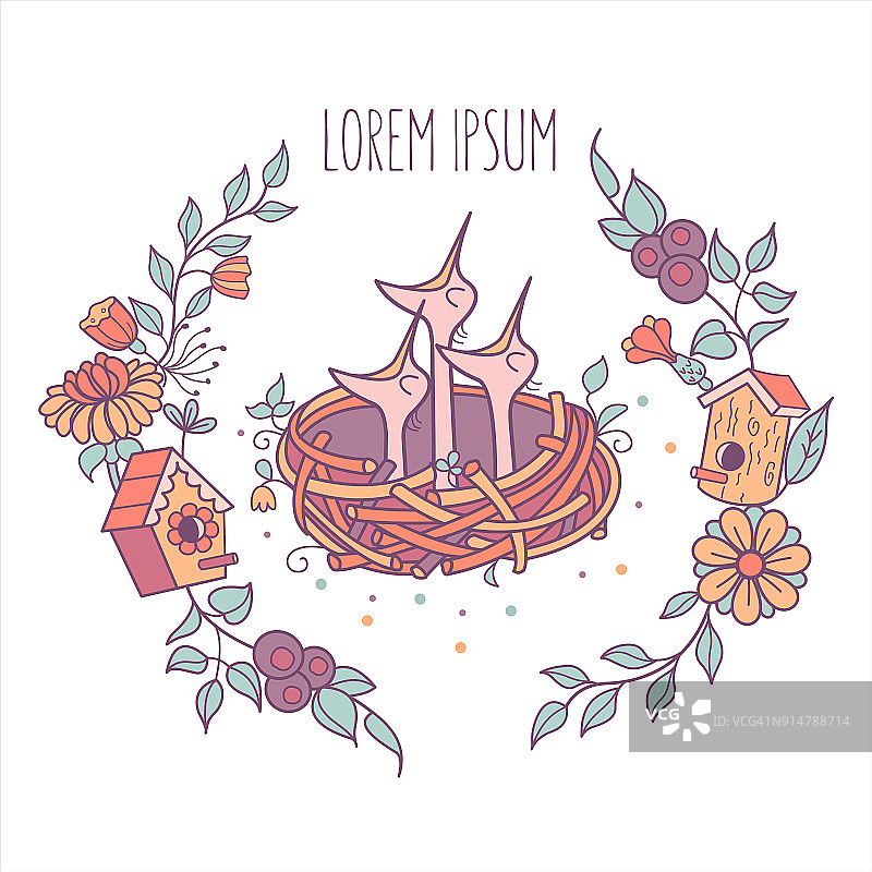 鸟巢中的鸟儿与花朵矢量插画图片素材