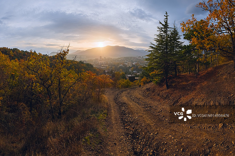 小镇山顶全景：前景为公园树木，日落黄昏美景图片素材