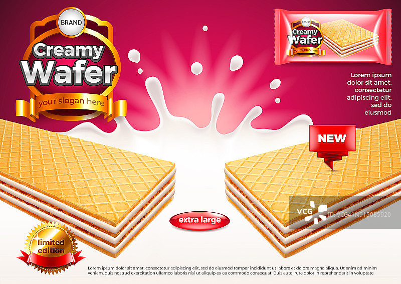 奶油威化饼广告，牛奶飞溅矢量背景图片素材