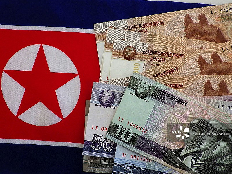 朝鲜货币和国旗图片素材