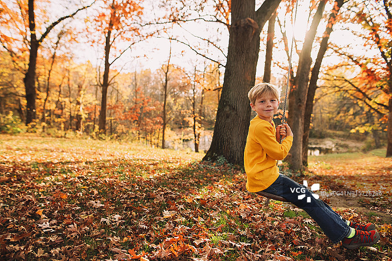 男孩坐在花园里的绳索秋千上图片素材