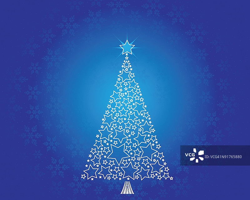 蓝色雪花背景上的星星树图片素材