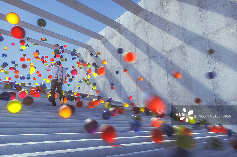 从城市水泥楼梯上掉落的发光球体图片素材