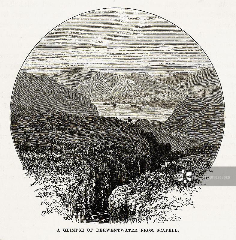 1840年英国凯西克，斯科费尔峰的德温特湖维多利亚时代雕刻作品图片素材
