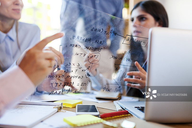 商务团队在办公室的玻璃窗上讨论公式图片素材