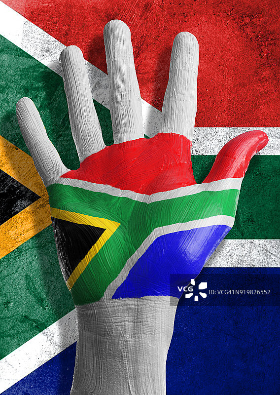 绘有南非国旗的张开的手，背景也是南非国旗图片素材