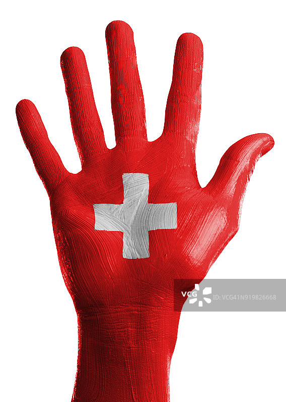 手掌面向镜头，绘有瑞士国旗，白色背景摄影棚拍摄图片素材