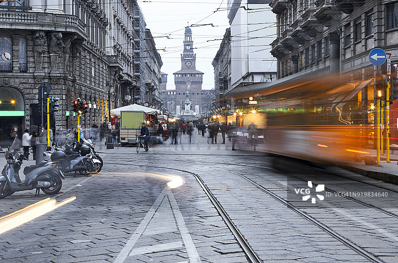 米兰商业街上的有轨电车图片素材