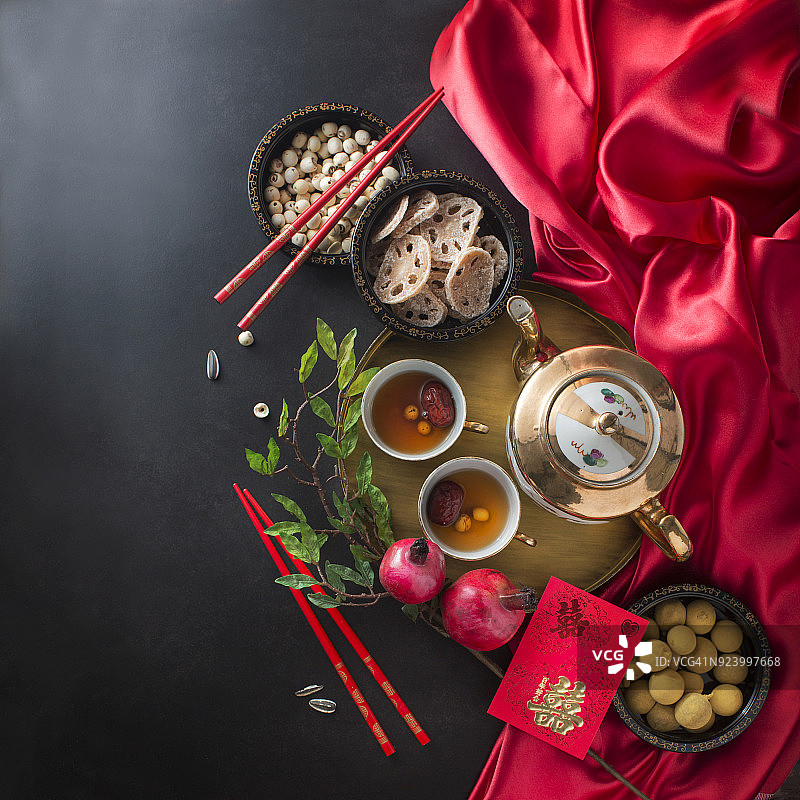 扁平风格：中式婚礼食品和饮品静物图片素材