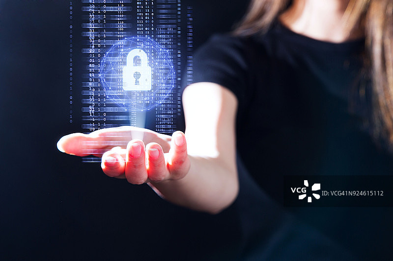 带有安全密钥锁图标和二进制的手势界面技术图片素材