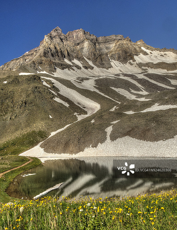 小径、山脉、野花和湖面倒影全景图片素材