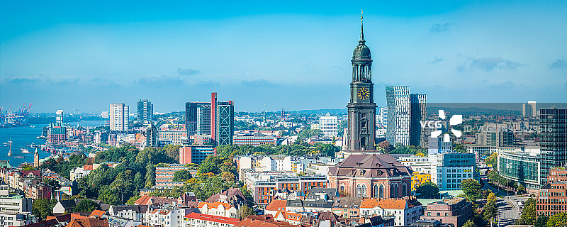 德国圣保利易北河城市天际线汉堡空中全景图片素材