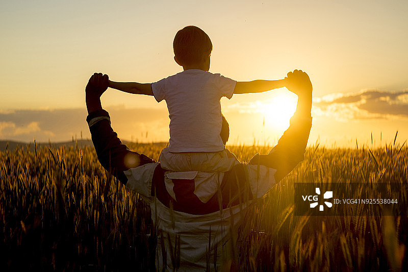 日落时分，父亲在麦田里肩上扛着儿子图片素材