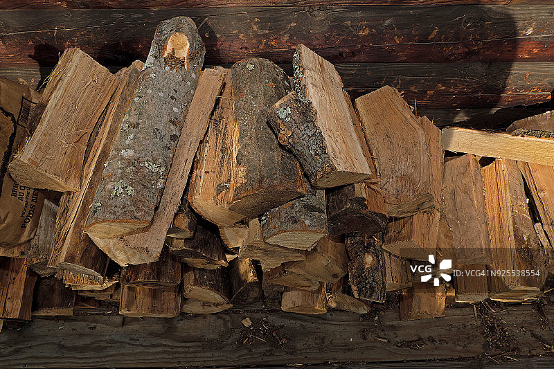 堆放在户外小木屋墙边的柴火图片素材