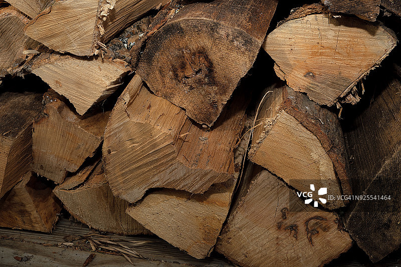 堆放在户外小木屋墙边的柴火图片素材