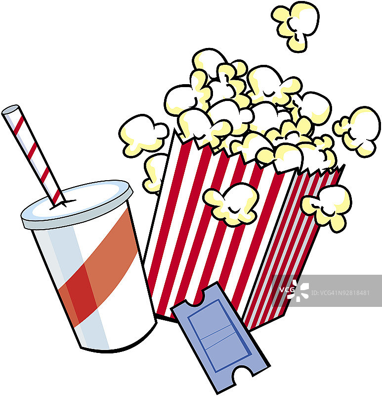 爆米花、苏打水和电影票图片素材