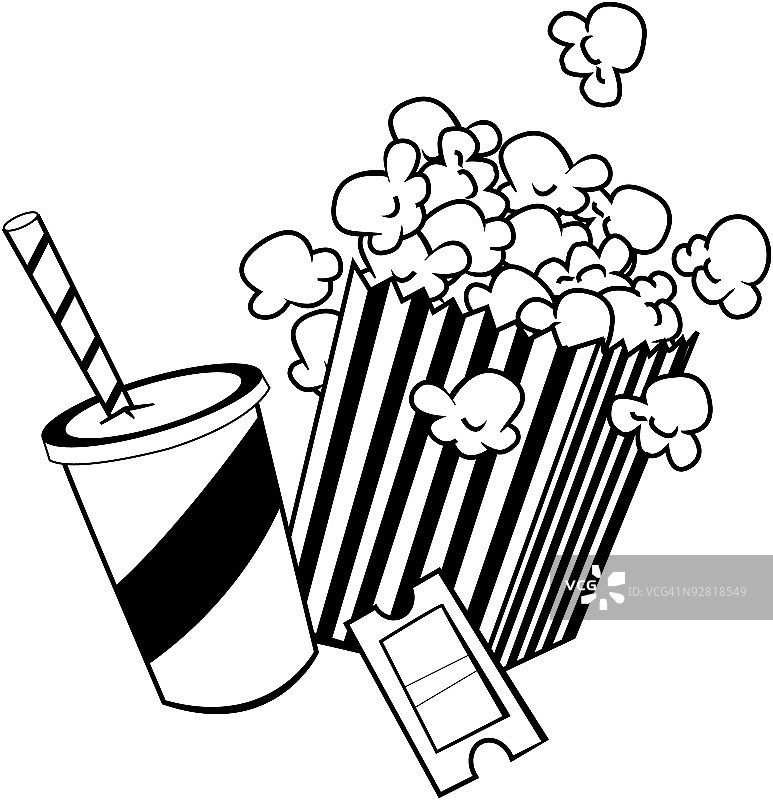 爆米花、苏打水和电影票图片素材