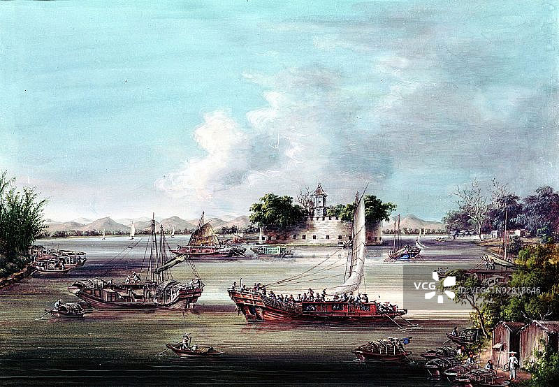 19世纪的中国广州珠江口的澳门炮台图片素材