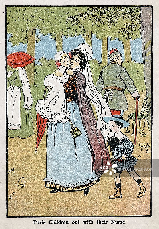 1890年巴黎保姆带孩子们呼吸新鲜空气图片素材