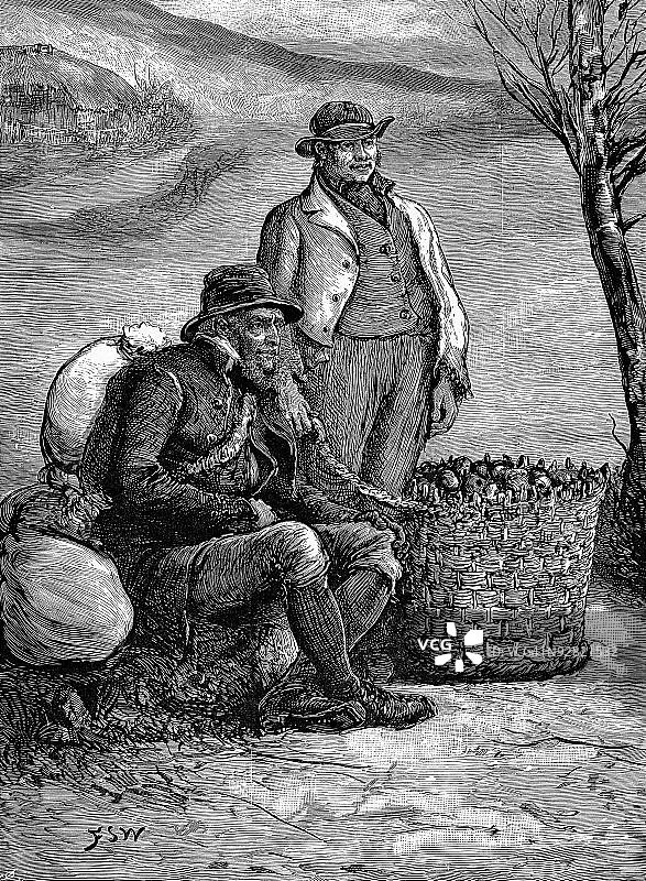 两位爱尔兰农民拿着一篮子种薯图片素材