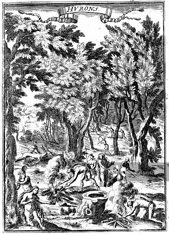 休伦印第安人狩猎和准备食物图片素材