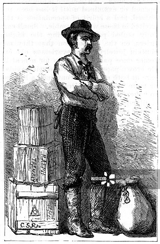 信使的肖像与箱子和袋子图片素材