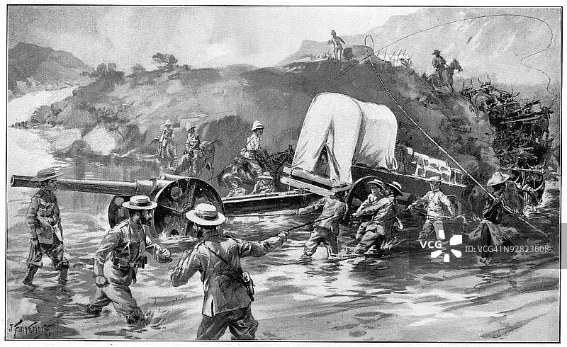 第二次布尔战争中，英国士兵运输炮兵过河图片素材