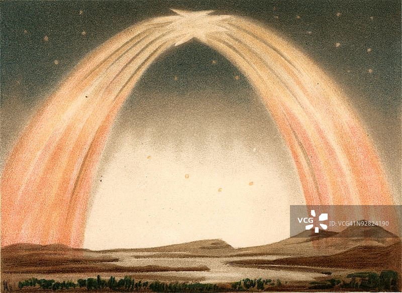 描绘英国萨里郡北极光的石版画图片素材