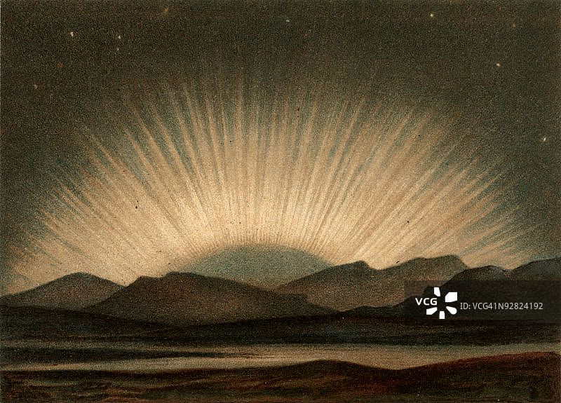 描绘北极光的彩色石印画图片素材