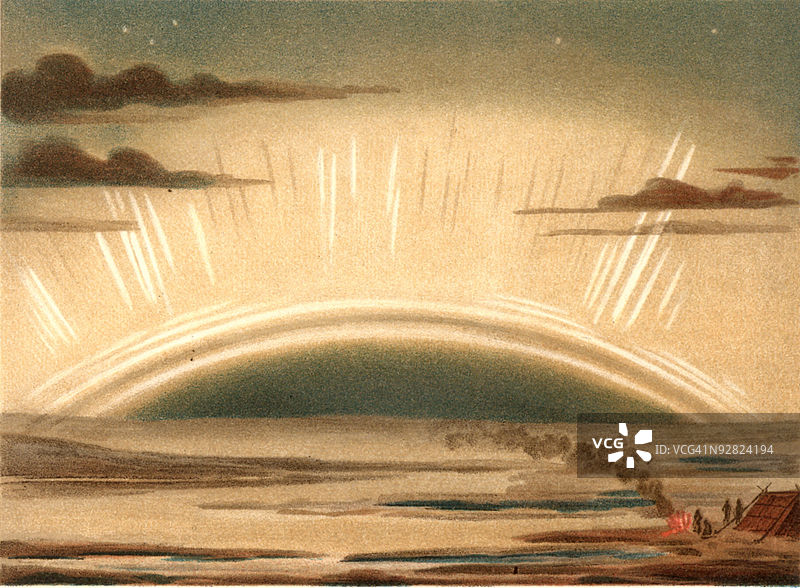 描绘北极光的彩色石版画图片素材