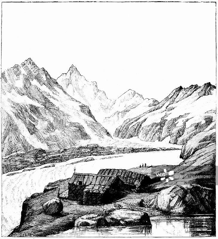 路易斯·阿加西考察队在瑞士阿勒冰川的景象图片素材