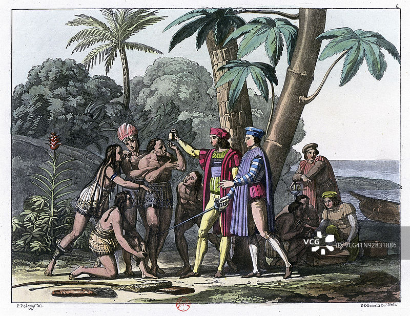 哥伦布向土著居民赠送礼物图片素材