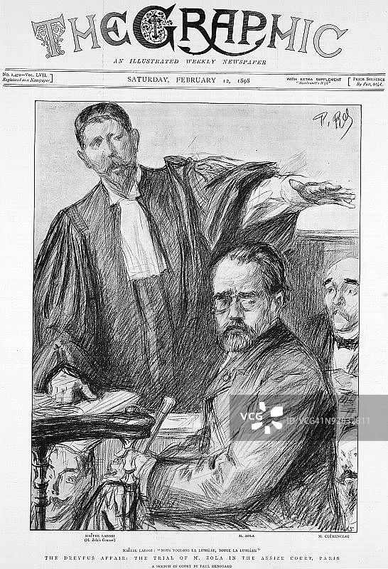 艺术作品：小说家埃米尔·左拉因支持阿尔弗雷德·德雷福斯受审图片素材