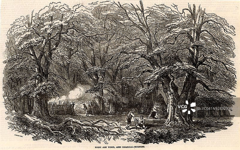 木炭燃烧工人的小插图图片素材