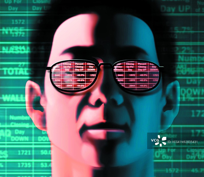 男子眼镜中反射的股市文字图片素材